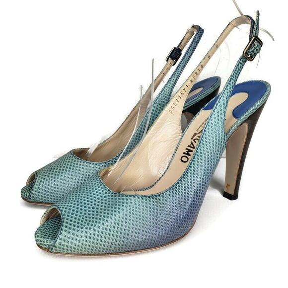 Salvatore Ferragamo Shoes - Salvatore FERRAGAMO Size 9 B Shady Blue Skale Leather High Heel Slingback Italy